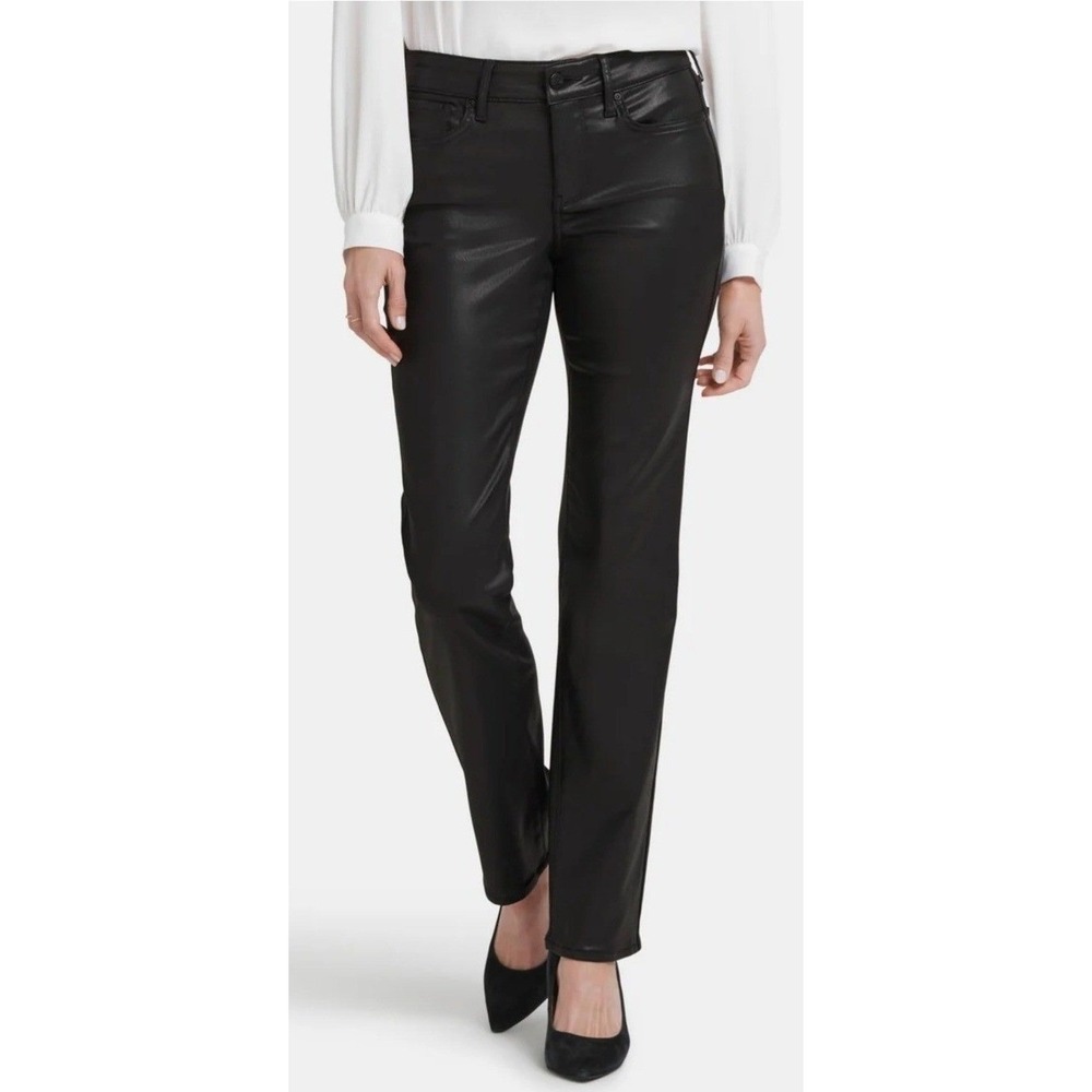 Cato Black Faux Leather Front Pants Womens Large Straight Leg Stretch Back 0183